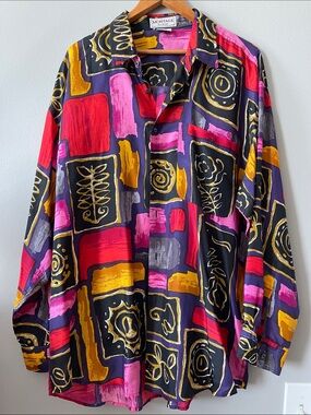 Montage 100% Silk Vintage Bold Abstract Print Button-Up Shirt - XL